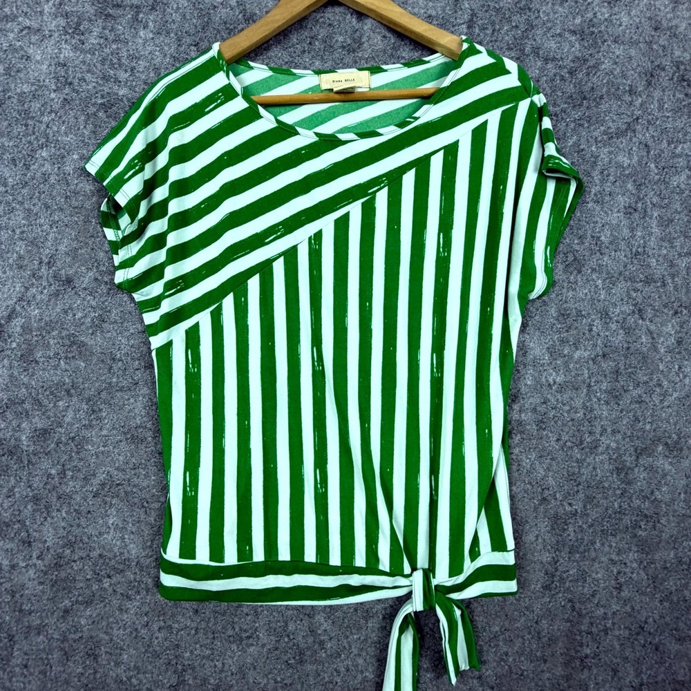 Diana Belle Blouse Top Womens Large Green White Striped‎ Stretch Tie Hem Summer